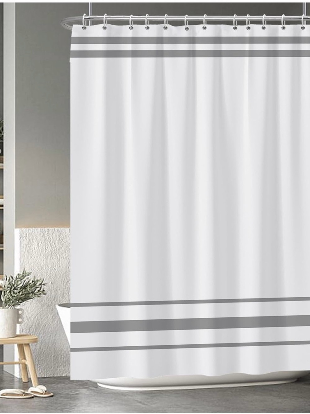 White Shower Curtain with Gray Stripes